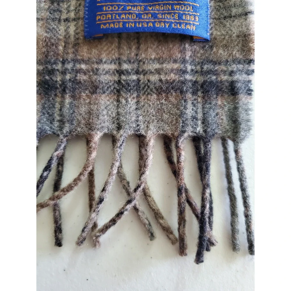 VTG‎ Pendleton Wool Scarf Mens Made in USA Grey Brown Plaid Pure Virgin Wool